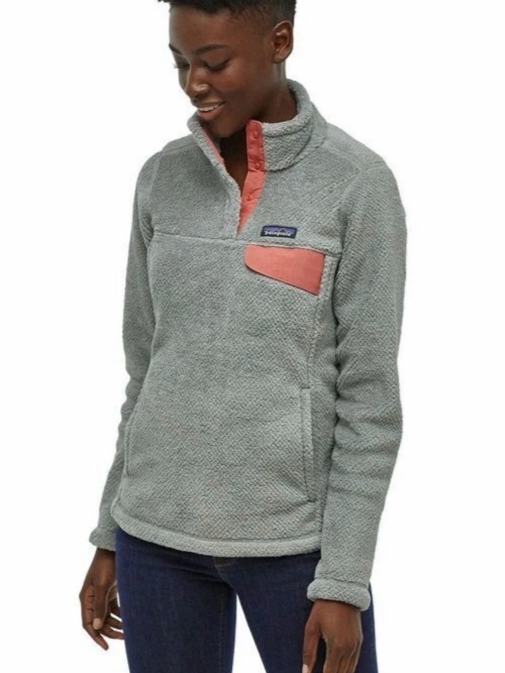 Patagonia Gray Fleece Pullover with Red Pink Accents